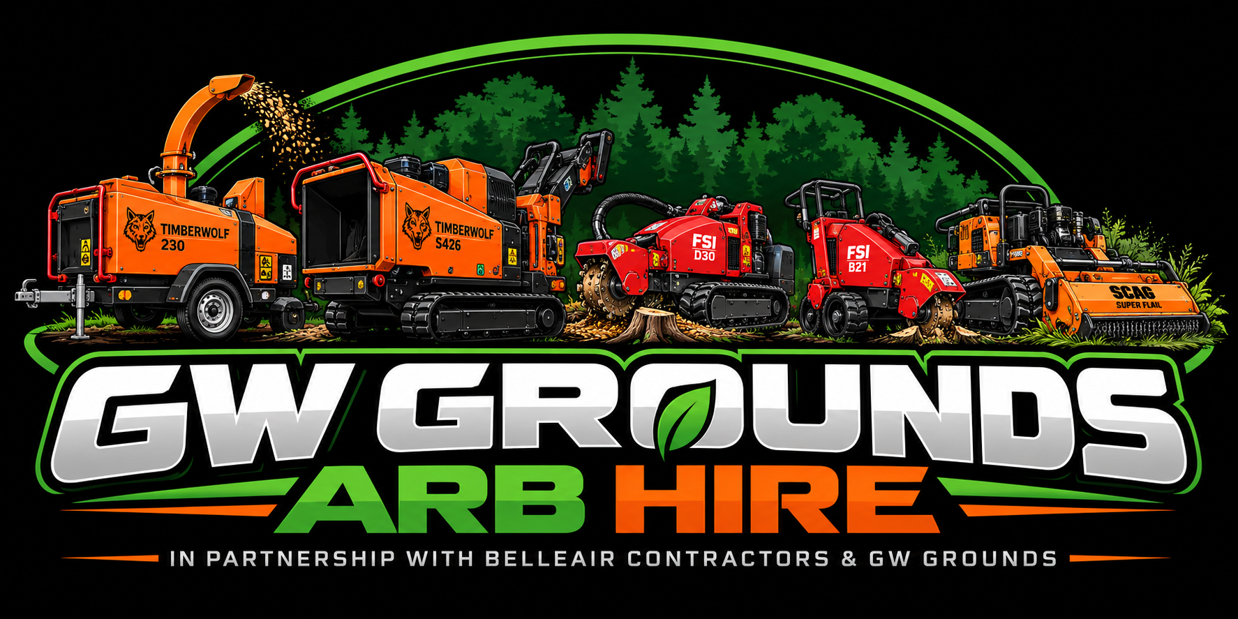 GW Grounds Arb Hire illustrated logo featuring Timberwolf chippers, FSI stump grinders and a Scag Super Flail