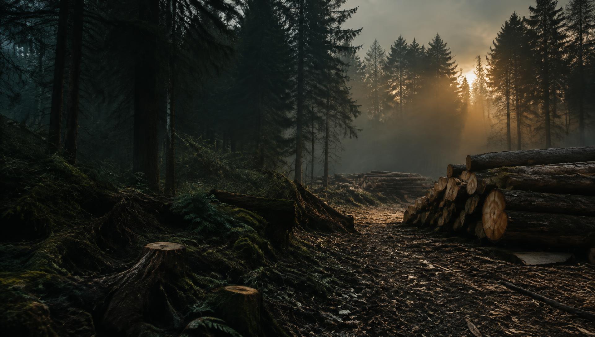 Misty woodland with felled timber at dawn